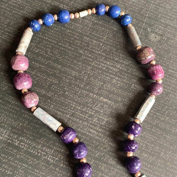 Vintage Estate Jewelry Chunky Marble Stone Bead Necklace Turquoise Blue Purple - Picture 11 of 16